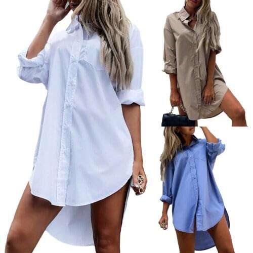 Women Fashion Casual Shirt Turn-down Collar Single-breasted Loose Irregular Hem Lady Shirt for Dating Dailywear Streetwear