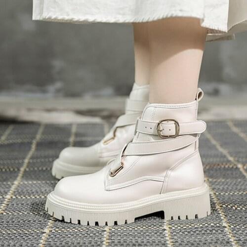 Lucyever Cross Strap Buckle Ankle Boots Women Autumn Thick Bottom Platform Motorcycle Boots Woman Round Toe Pu Leather Botas