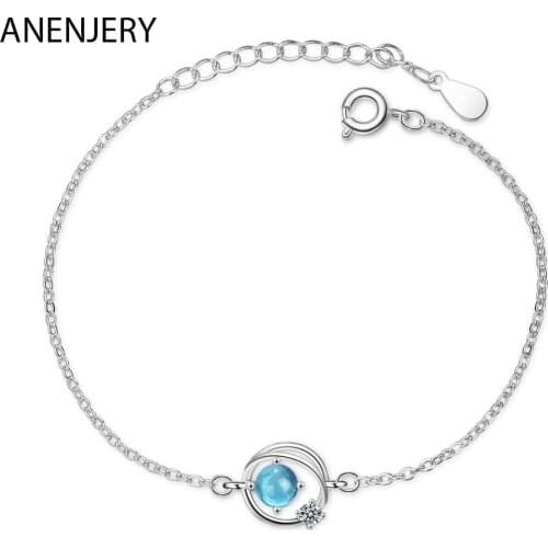 ANENJERY 925 Sterling Silver Dream Blue Crystal Universe Planet Star Pendant Bracelet Zircon Chain Braclet For Women S-B302