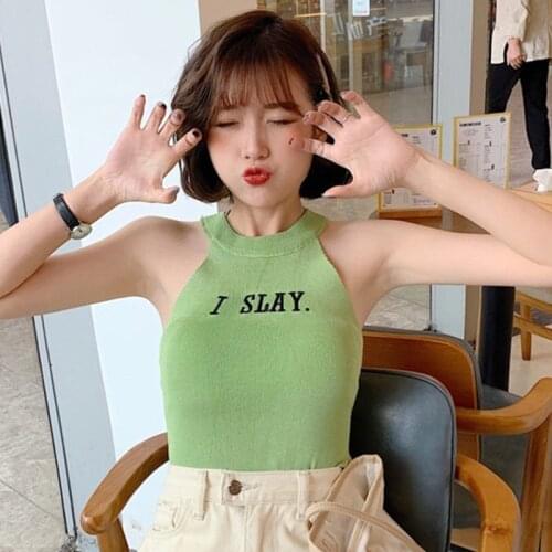 Chic Embroidered Letters Vest Womens Slim Fit Halter Sleeveless Top Fashion Wild Bottoming Tank Top