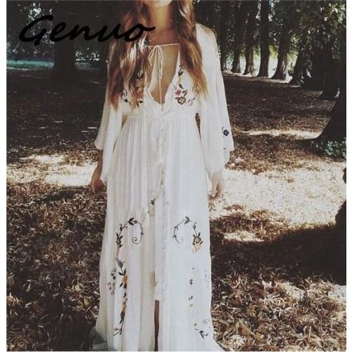 2019 Summer Women Oversized Ethnic Floral Embroidery Hippie Boho People Cloak sleeves Maxi Robe Long dress Vestido Feminine
