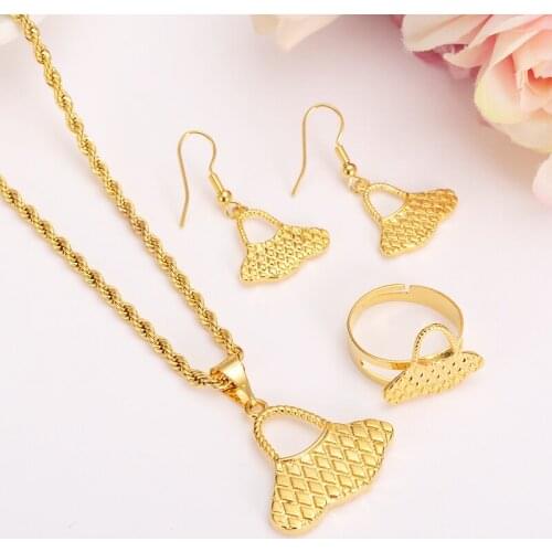 Gold PNGrope Necklace pendant Earrings ring Set Women Party Gift african women bag shape bridal wedding Jewelry girls charm