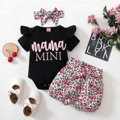 0-18M Newborn Baby Girl Short Sleeve Cotton Bodysuit Tops Leopard Shorts Pant Headband 3PCS Baby Clothing Set