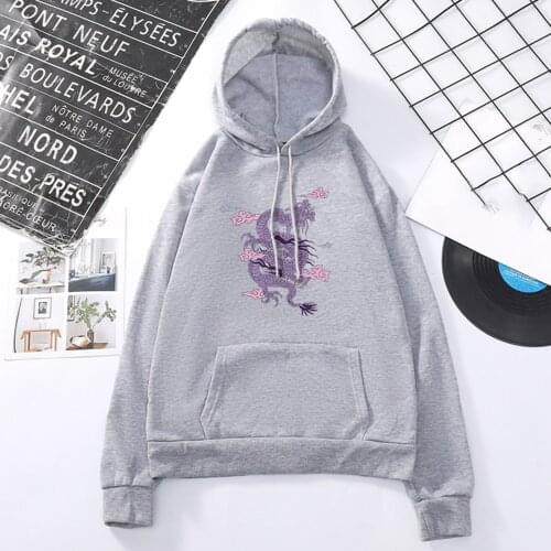 Chinese Style Hoodies Womens Solid Color New Cute Sweatshirt Dragon Print Long Sleeve Hoodie Pullover Top Толстовка Оверсайз