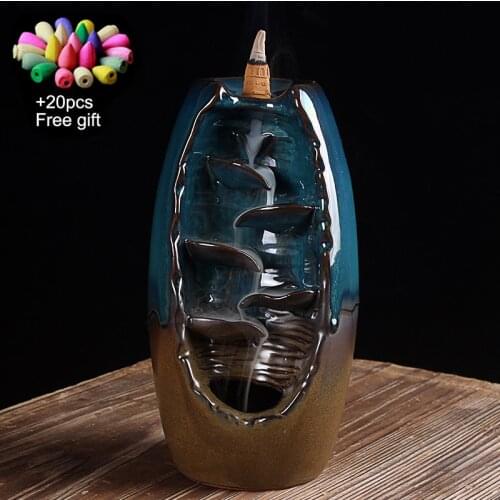 Ceramic Backflow Waterfall Smoke Incense Smoke Burner Censer Holder Home Decor With 20 Cones Aroma Spice