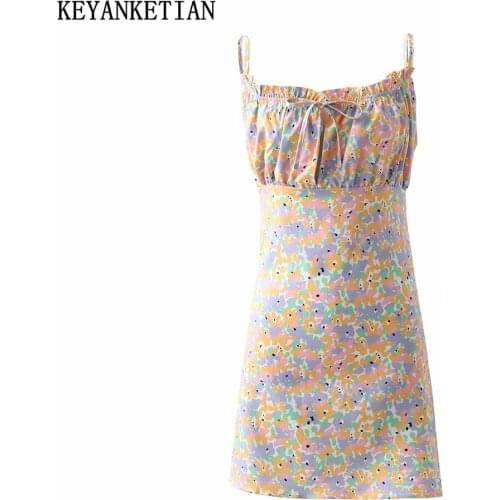 KEYANKETIAN Ladies Flower Print Sweet Sling Dress Ladies Summer Fashion Sleeveless Sexy Lace Dress Party Shopping Daily Wear
