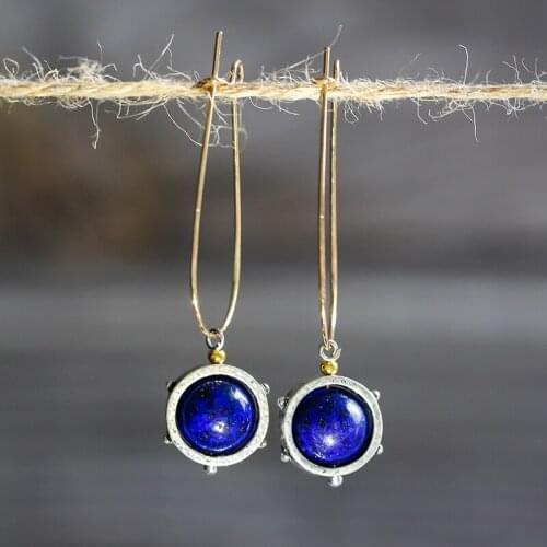 Classic Vintage Round Navy Blue Stone Earrings Ethnic Gold Pin Long Hook Hanging Dangle Earings for Women Accessories Jewelry