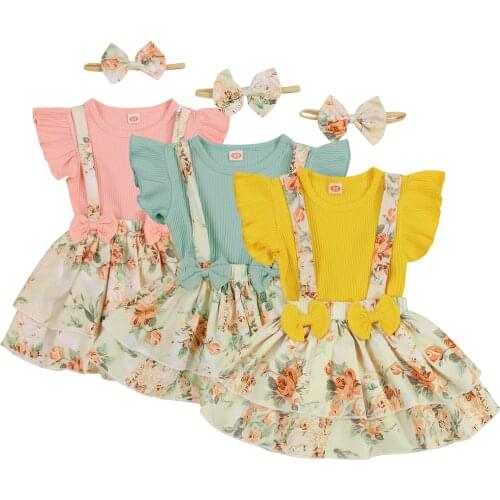 Citgeett Summer Infant Baby Girls Outfit Solid Color Fly Sleeve Romper + Floral Printing Suspender Skirt + Bow Headwear Set