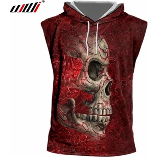 UJWI Dropshipping Undershirt With Hood Men 3d Cool Print Metal Skull Cap Vest Hoody Homme Hip Hop Sportwears Sleeveless Hoodies