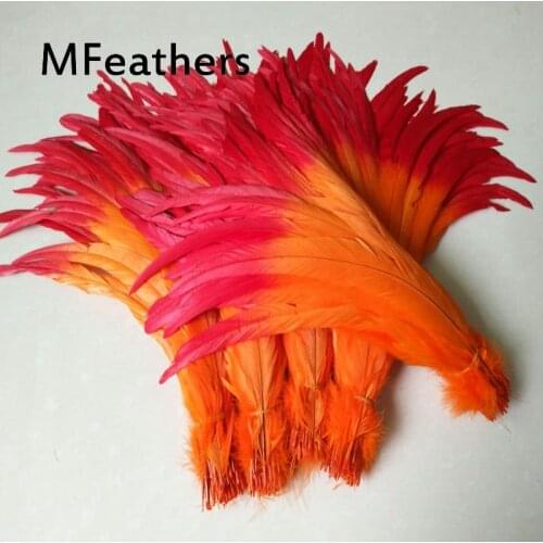 Wholesale 100pcs/lot Rooster tails Feather red tips with orange bottom Two tone dyed chicken feathers plumas for carnival decor