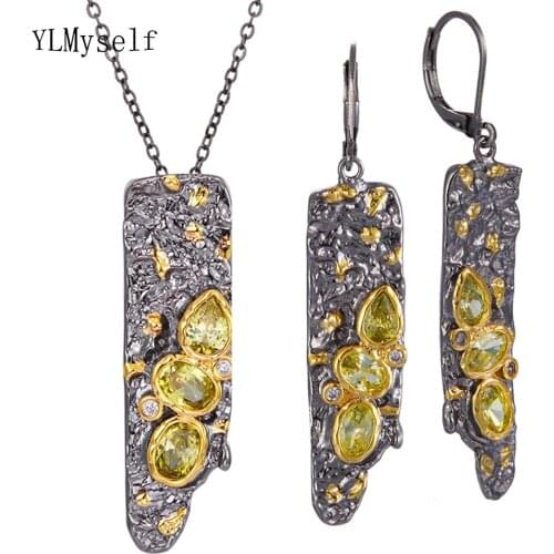 Irregular shape Rock Pendant Earrings Sets for Women Lt Olivine CZ Necklace Sets Jewelry Suspension 2 pcs set