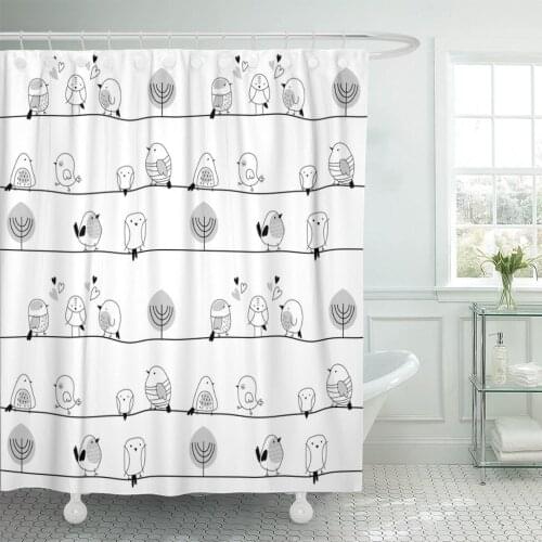 Gray Baby Many Little Birds on Black and White Shower Curtain Waterproof 72 x 78 Inches Set with Hooks