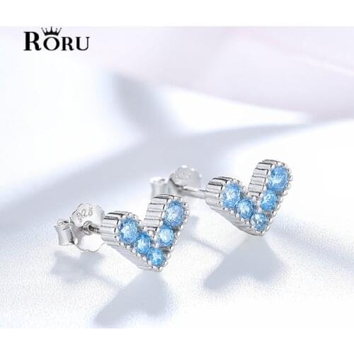 Real Silver Stud Earrings Simple Zircon Heart Earring Blue Crystal Stone for Female Women Girls Cute Style Fashion Jewelry 2021