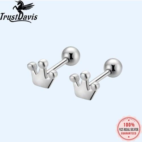 TrustDavis Real 925 Sterling Silver Fashion Sweet Princess Crown Screw Stud Earrings For Women Wedding Party Fine Jewelry DA2074