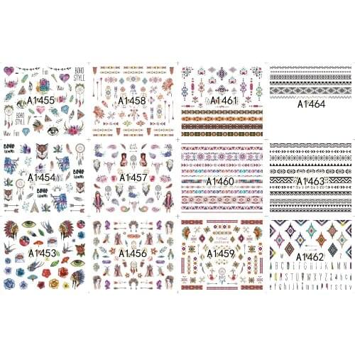 UPRETTEGO 12 PACKS / LOT NAIL ART BEAUTY WATER DECAL SLIDER NAIL CARTOON TRIBE INDIANA TASSEL WHEEL HEAD DRESS A1453-1464