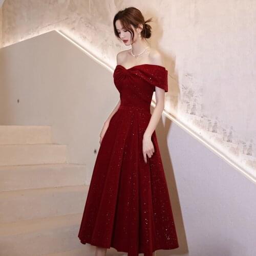 Special Occasion Dress Vintage V-Neck Short Sequined Pleat Off The Shoulder A-Line Luxury Burgundy Backless Women Prom Gown E880