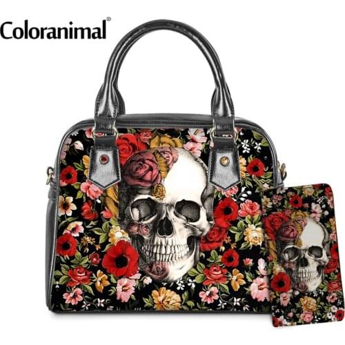 Coloranimal Brand Design Vintage Skull With Flower Print PU Handbag for Women 2Pcs/Set Tote Shoulder Bag&Wallet Crossbody Bolsa