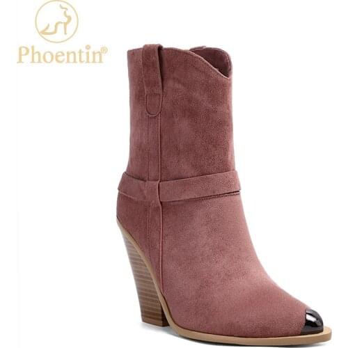 Phoentin velvet womens boots on a wedge 2020 cowboy Boots female winter slip on pink ladies shoes metal pointed toe FT1095
