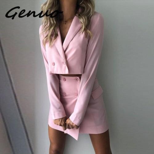 2019 Elegant Pink Blazer Skirt Two Pieces Set Women Long Sleeve Turn Down Collar Buttons Jacket High Waist Skirt Matching Set