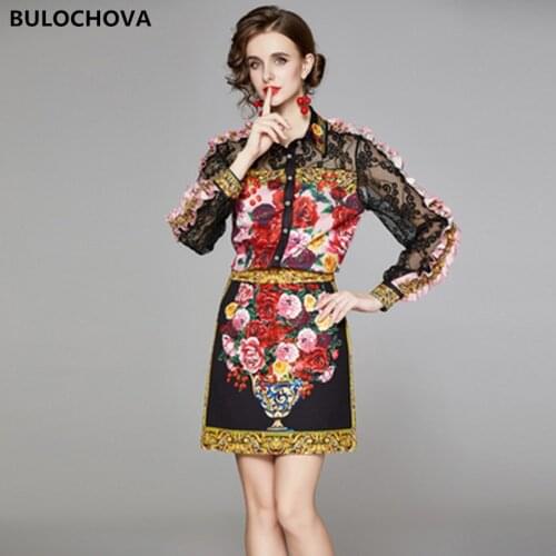 Womens Skirt Suit 2020 New Autumn Ladies Fashion Single-breasted Long Sleeve Lace Tops + Mini Skirt 2 Piece Sets Large Size 2XL