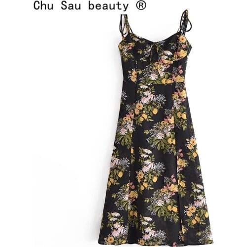 New Fashion Summer Party Style Floral Printed Chiffon V-neck Midi Dress Women Casual Chic Bow Split Dresses Female Vestidos