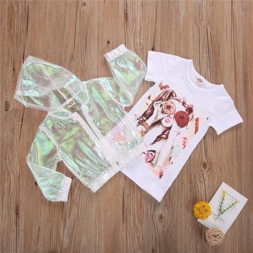 2020 Fashion Toddler Kid Baby Girls 2Pcs Clothes Sets Short Sleeve Printed Dress T shirt Transparent Sun Protect Jackets Outfits