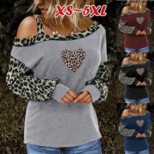 2021 Fashion Women Ladies Leopard Printed Stitching Casual T-shirt Pullover Off Shoulder Strap Plus Size Tops S-5XL