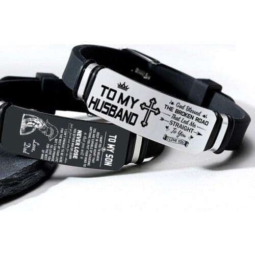 Personalized Stainless Steel Bracelet Rubber Silicone Wristbands Adjustable Blank ID Tag Engraved Wife Father to Son Daughter