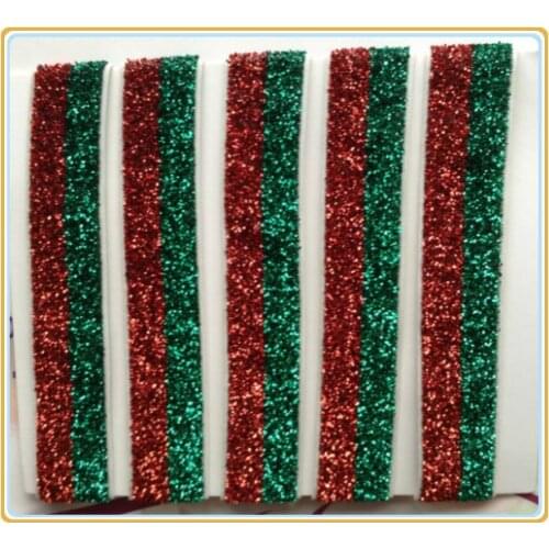 Price Negotiated) 5/8" Christmas Elastic Red And Emerald Striped Gliter Velvet Ribbon