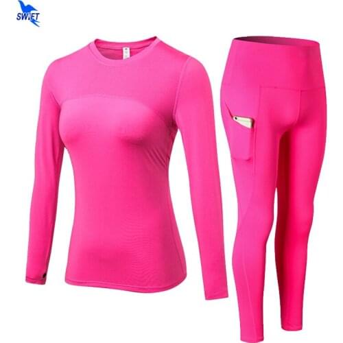 Women Gym Fitness Clothing Running Set 2 Piece Long Sleeve Shirt+Pocket Leggings Sports Yoga Suit High Waist Training Sportswear