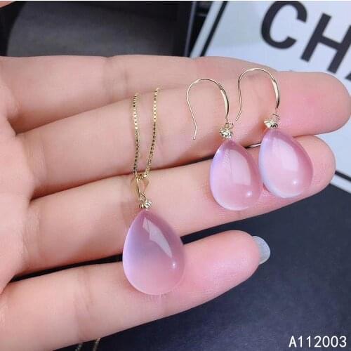 KJJEAXCMY Fine Jewelry 18K gold inlaid natural Rose Quartz female pendant earring set classic supports test