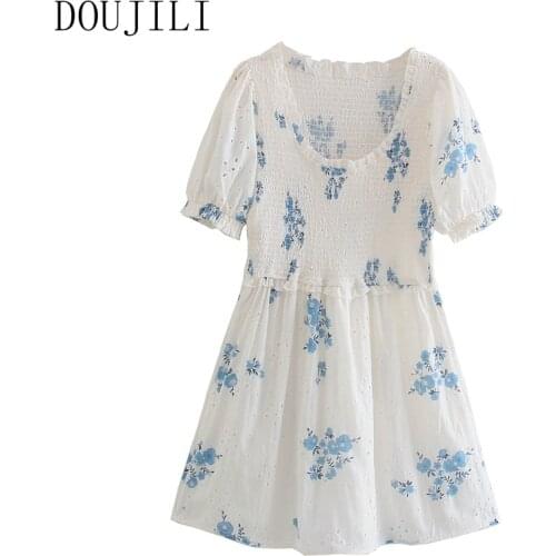 DOUJILI Summer Season White Dress Hot Sale Round Neck Short Sleeve Pleated Blue Flower Printing Dress For Women