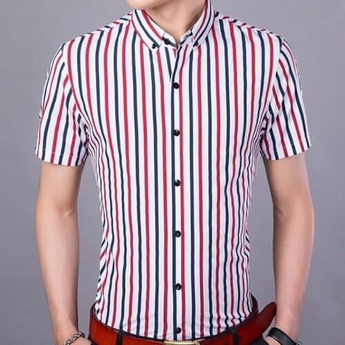 Men Shirt Korean Style Vertical Stripes Fashion Slim Short Sleeve Shirt Summer Quality Cotton Soft Luxury Shirt Men M-4XL MCS105