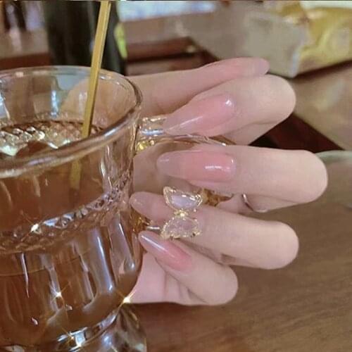 24pcs Jelly pink water butterfly False nails Detachable gauze Manicure patch can CSV