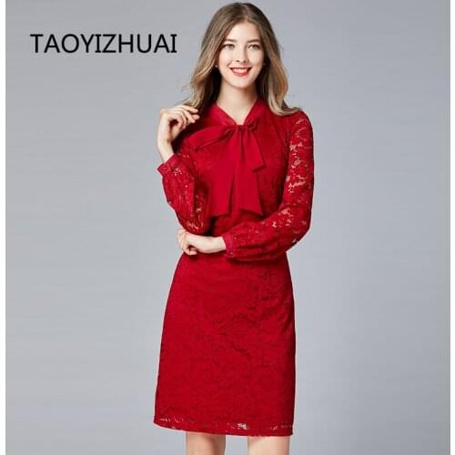 TAOYIZHUAI new arrival autumn winter chinese festival style lace dress bow full sleeves a line nature waist big size dress