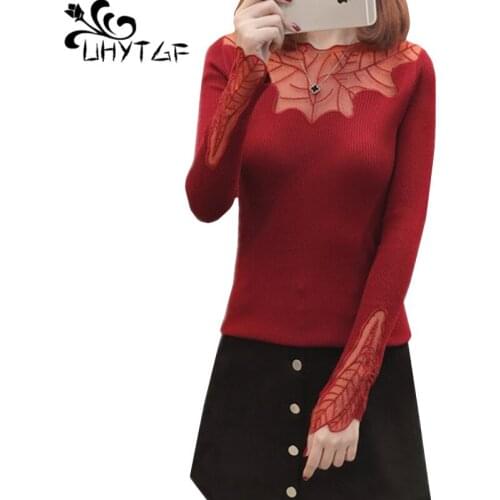 UHYTGF New lace splice spring sweater womens Fashion mesh knit pullover short sweater women Diamond Elastic female sweater 366