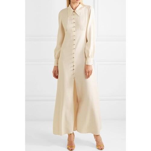 Long Sleeve Maxi Dress Autumn Holiday 2020 New Single-breasted Temperament X-long Dress Beige Women Turn-Down Collar Dresses