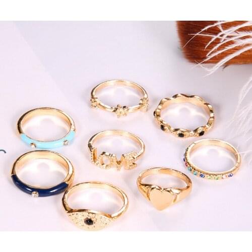 Punk 8 Pcs/set Golden Heart Letters Diamond Geometry Finger Rings Set for Women Party Gift