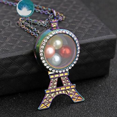 Rainbow Eiffel Tower Glass Locket Necklace Living Memory 8/10mm Beads Pearl Memory Photo Rhinestone Locket Pendant Necklace