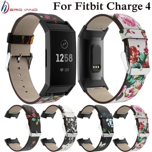 Flower Printing Band for Fitbit Charge 4 3 Leather Straps Interchangeable Smart Fitness Watch Band With Stainless Connector