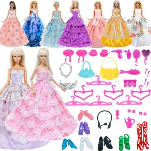 Random 37 Pcs Doll Accessories for Barbie Doll House Play 2x Long Gown Clothes + Shoes + Hangers + Handbags + Necklace Kids Toy
