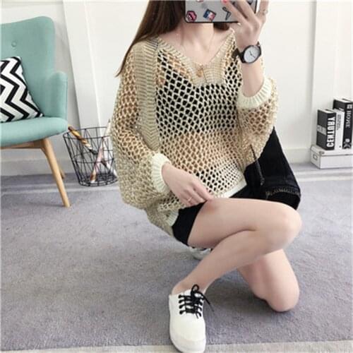Oversized Loose Korean style Women Tops Hollow O-neck Long sleeve Jumper Ladies Pullover Plus size Casual Female Knit Sweater
