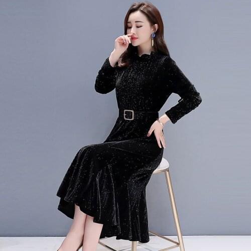 Spring Fall Lady Women 3xl Stand Collar Sash Glitter Blue Black Long Sleeve Velvet Trumpet Dress , Woman Mermaid Velour Dresses