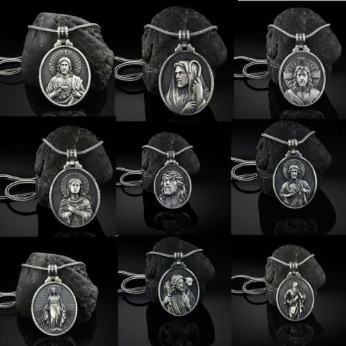 Vintage Christian Jesus Cross Sacred Heart Pendant Necklace Retro Mens Catholic Religious Pendant Chain Necklace Men Amulet Gift
