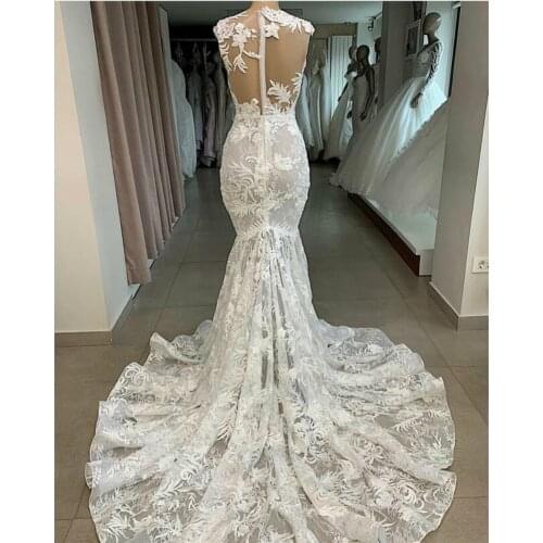 Beach Lace Mermaid Wedding Dresses O Neck Illusion Zipper Back Bridal Gowns Sweep Train Country Boho Wedding robe de mariée