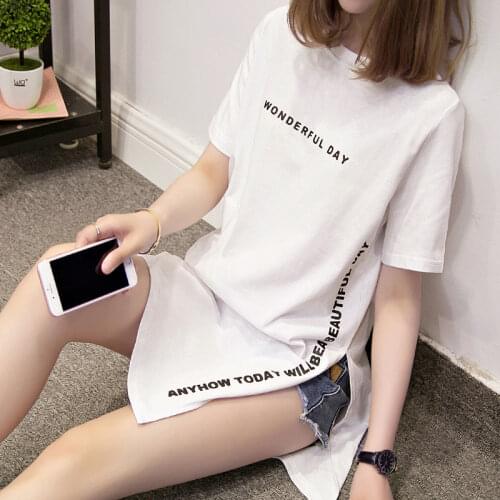 FEKEHA Summer Women Letter Printed T-shirts Cotton Chiffon Patchwork Long Shirts Short Sleeve White Black T-shirt Loose Type