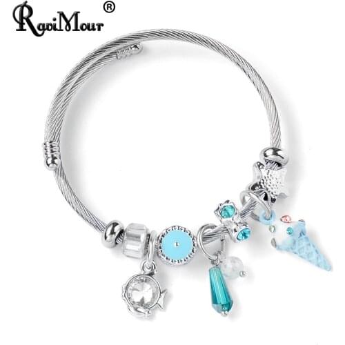 RAVIMOUR Charm Bracelets for Women Cable Wire Stainless Steel Cuff Bangle DIY Cute Ice Cream Crystal Open Pulseiras Jewelry 2019