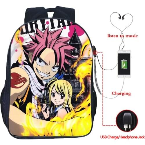 Kawaii Fairy Tail Backpack Fashion Bookbag School Bags for Boys Girls Usb Charge Knapsack Women Backpacks Hip Hop Rucksack Bolsa