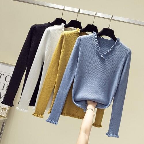 2019 New Winter Fall Ladies Womens Ruffled V Neck Slim Knitted Sweater , Autumn Knitting Pullover Sweaters for Woman