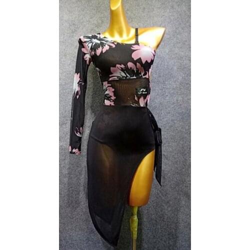 Women Lady Latin Dance Dresses Costume Performance Party Samba Roupa Infantil Feminina flower print latin dress black BY341